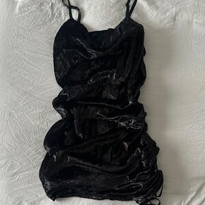 Black Velvet Cowl Neck Dress with Ruched Side